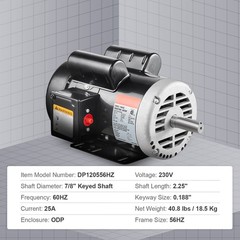5HP Air Compressor Electric Motor 230V 25A 3450RPM 56Hz Frame CW/CCW Rotation