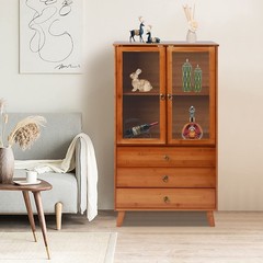 Kitchen Sideboard Hutch Cabinet Acrylic Doors 2 Layers 3 Drawers 43 Inch Brown