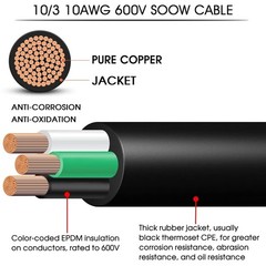 10/3 SOOW Wire 10 Gauge 50ft 3 Conductor 30A Extension Power Cable