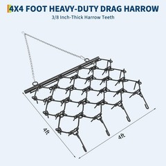 4×4 FT Heavy Duty Tow Behind Drag Harrow 1/2″ & 3/8″ Tines for ATV Lawn Tractors