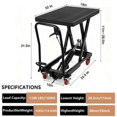 Garvee 1100Lbs Hydraulic Scissor Lift Cart Manual Foot Pump 32″ Max Height Black