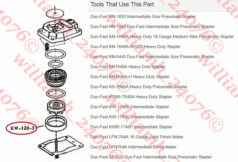 Duo-Fast Poppet Seal KW-120-3 part for KN-1848, LFN-764 + many others