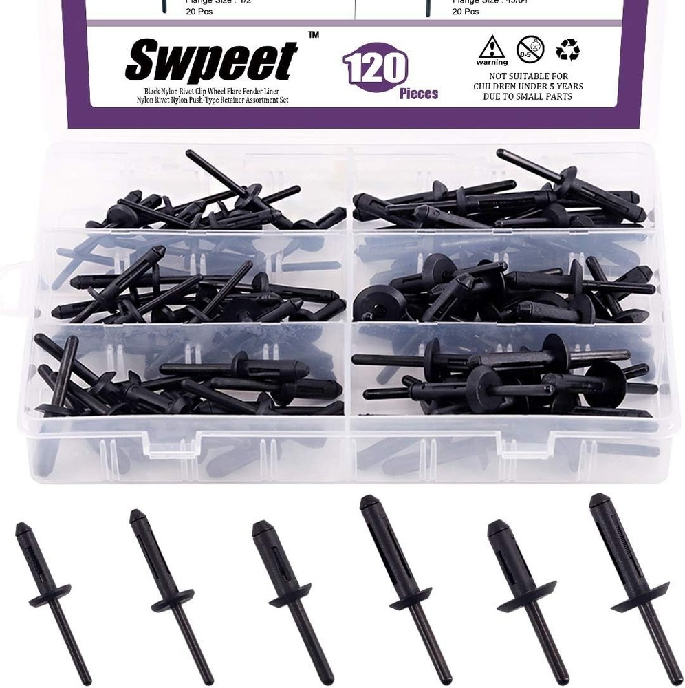 120Pcs 6 Different Sizes Black Nylon Universal Pop Rivet Rivet Assortment Kit