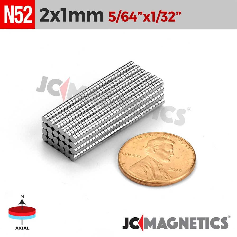 2mm x 1mm 5/64″x1/32″ N52 Strong Rare Earth Neodymium Small Magnet Disc 2x1mm