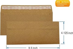 Flat Rectangular Brown Kraft Envelopes 4.125×9.5 Inches for Business – 80 Count