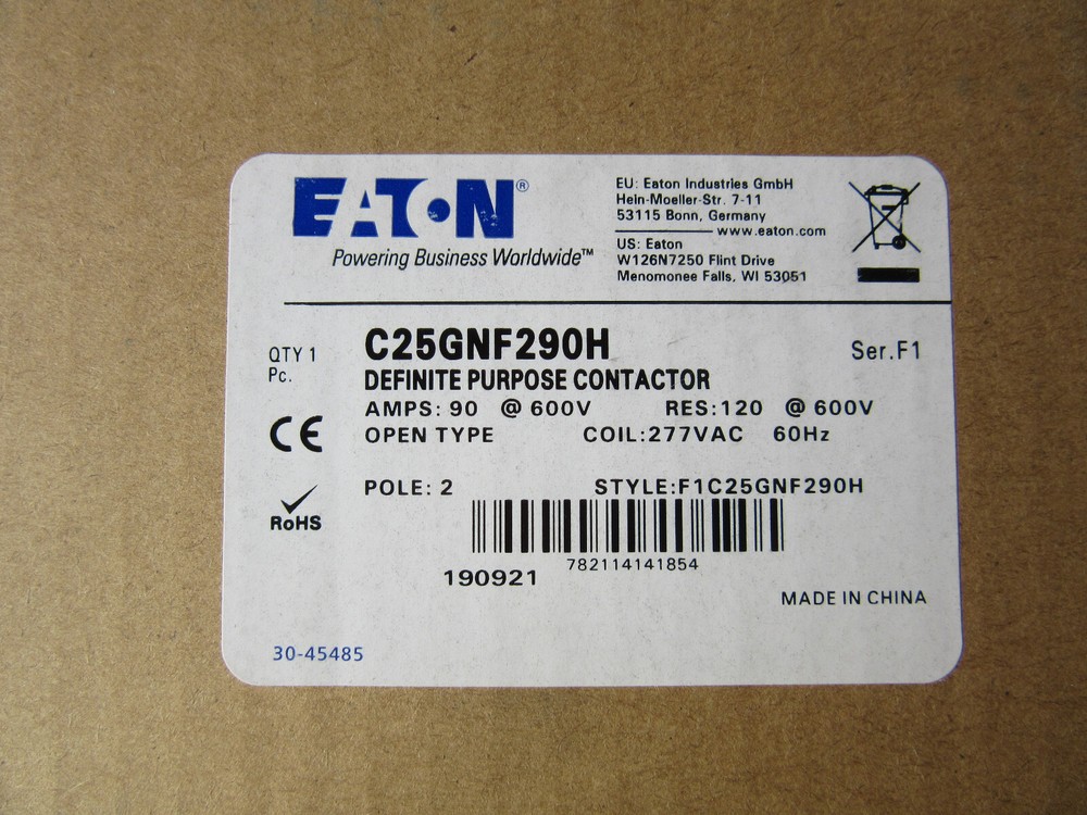 Eaton C25GNF290H Definite Purpose Contactor 2P 90A 600V, 277V Coil New in Box