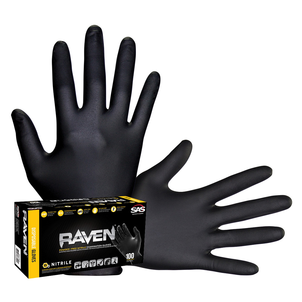 66518 SAS Safety Raven Black 7mil PF Nitrile Gloves, Large (pk of 100)