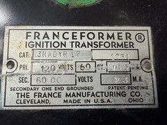Vintage FRANCEFORMER IGNITION TRANSFORMER 3RADYR 17, Primary 120Volts-60CY-165VA