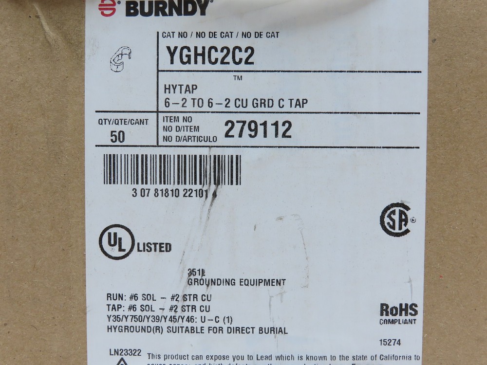 1 box of 50 NEW Burndy YGHC2C2 Hytap Grounding Compression C-Tap 6-2To6-2 CU GRD