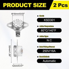 2Pcs KSD301 Thermostat 60°C/140°F 16A 250V Normally Closed N.C Switch, Ceramic