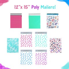 12″ x 15″ Designer Poly Mailers, Pink,Teal, Polka Dots,Hearts Flat Shipping Bags