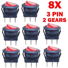 8Pack For SPST 3 Pin ON/OFF Round Rocker Switch With Red Neon Lamp 10A/125VAC