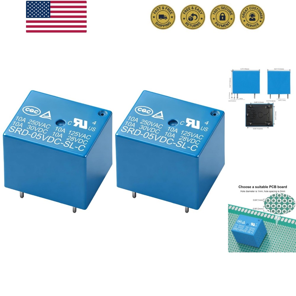 2Pcs PCB Power Relay , DC 5V Coil, 10A 250VAC, SPDT, 5 Pin, for Household App…