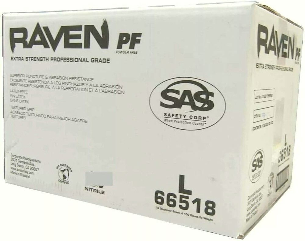 SAS 66518 Raven Powder-Free Black Nitrile Gloves LARGE ( 10 Boxes of 100 )