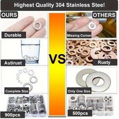 900PCS 304 Stainless Steel Flat Washer Set – Multi-Size for Repairs & DIY