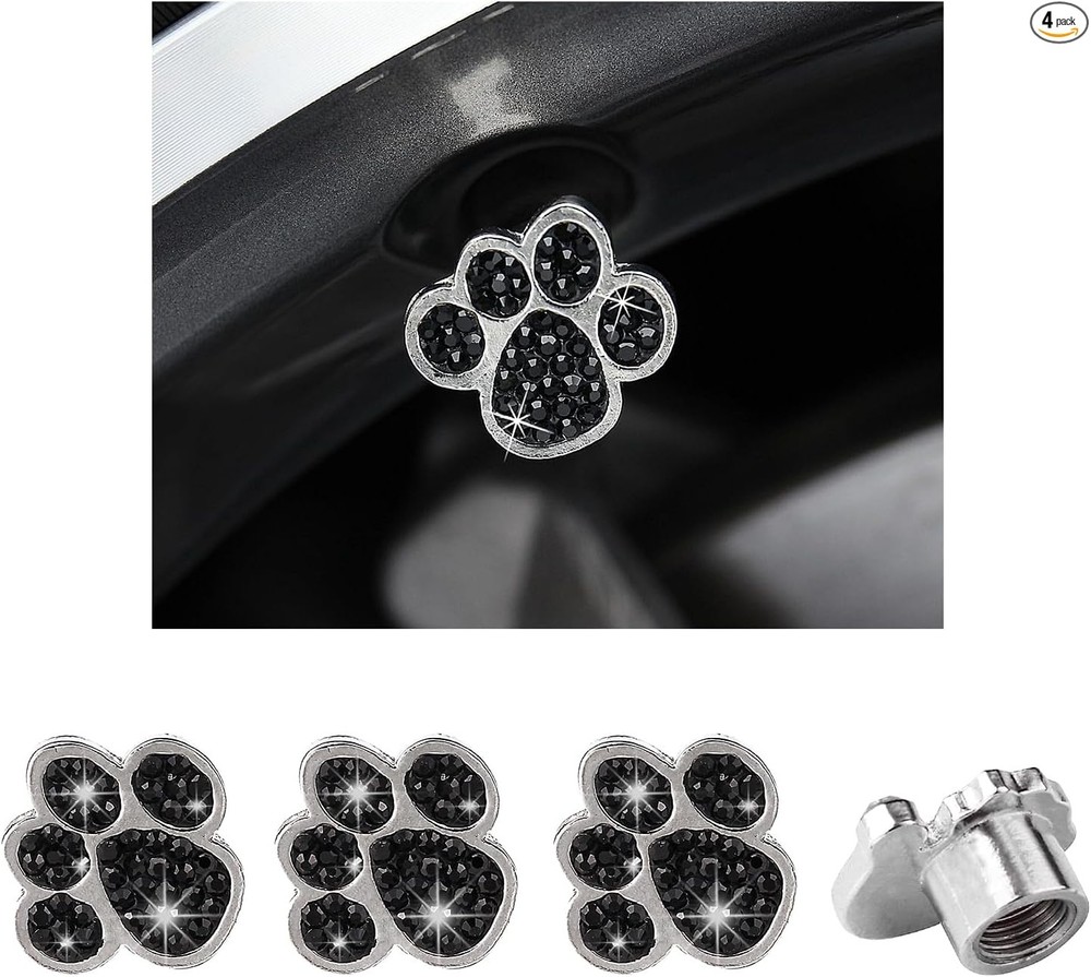 4PCS Crystal Paw Tire Valve Caps, Bling Handmade Rhinestone Car T Color: Black