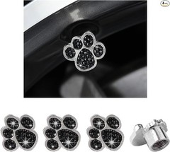 4PCS Crystal Paw Tire Valve Caps, Bling Handmade Rhinestone Car T Color: Black