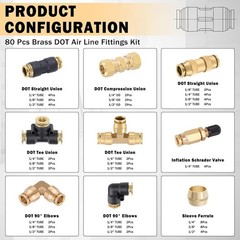 80 PCS Brass DOT Air Line Fittings Kit DOT Push Lock and Compression Air Fitting