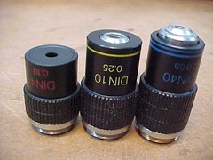 Lot of 3 Swift Microscope Objectives DIN 4 0.10, DIN 10 0.25 & DIN 40 0.65