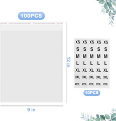 100 Count Clear Poly T Shirt Bags, Cellophane Bags, Self Sealing With 10 Pcs Siz