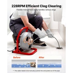 Uimoso Drain Cleaning Machine 50FT x5/16″ Manual Feed with 228RPM Electric Motor