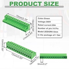 14 Pin 5mm 0.2 Inch Pitch PCB Mount Screw Terminal Male Female, Green