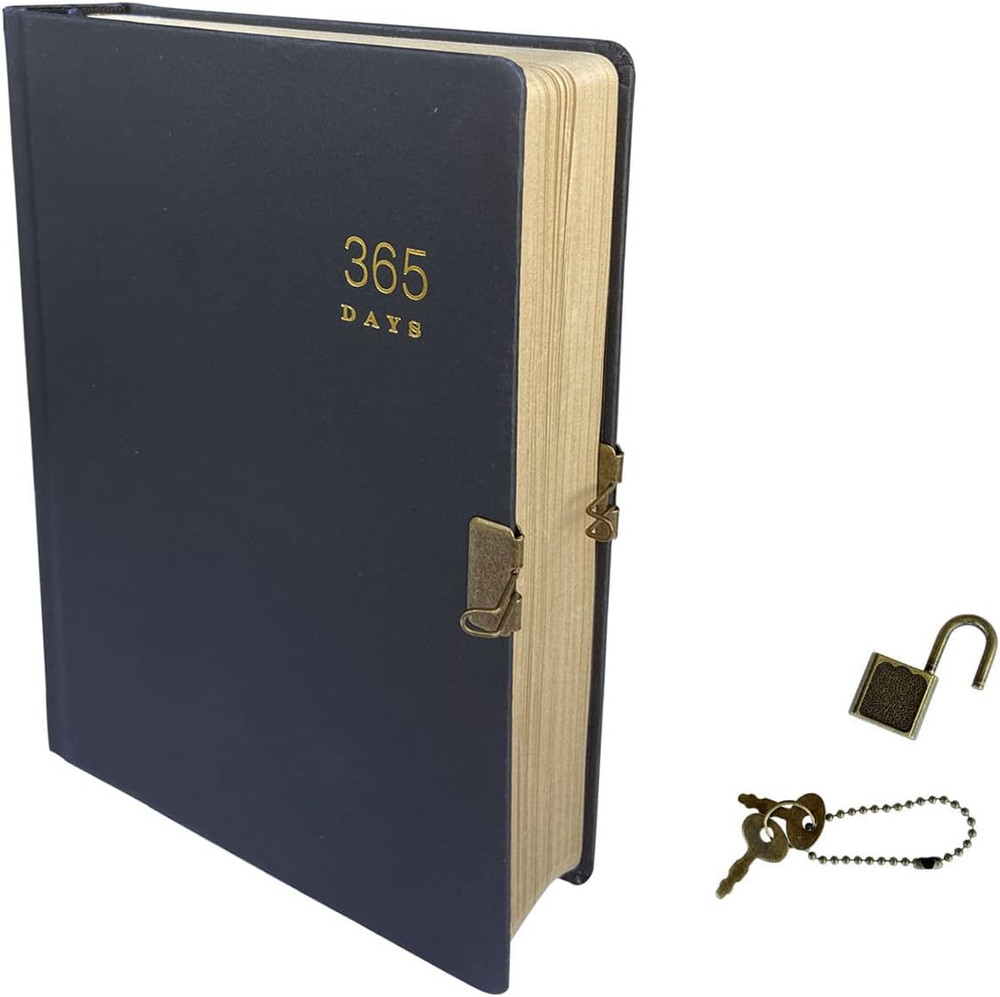 Vintage 365 Journal with Lock and Key, A5 Blank Page Diary for Women Men, Black