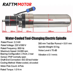 2.2KW/3KW ISO20 ATC Spindle Water Cooled Automatic Tool Change 24000rpm 40000rpm
