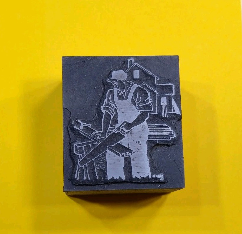 Antique VTG Man Saw House Construction Letterpress Print Type Ornament Cut Block