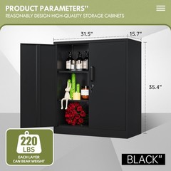36 H Storage Cabinet 2 Doors 2 Shelves Lock Black Garage Home Office Kitchen