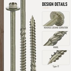 Hex Head Heavy Duty Wood Screws #14 x 6, Structural Lag Screws for Log, Timber,