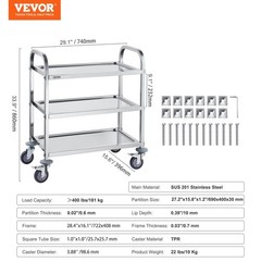 400lbs VEVOR 3-Tier Stainless Steel Rolling Medical Cart, Lockable Universal
