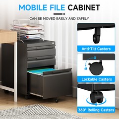 3 Drawer File Cabinet with Lock,Office Under Desk Rolling Filing Cabinet Storage