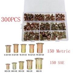 Zinc Steel Rivet Nut Kit 300 Pcs Rivnut Nutsert Assort 150pcs Metric+150pcs SAE