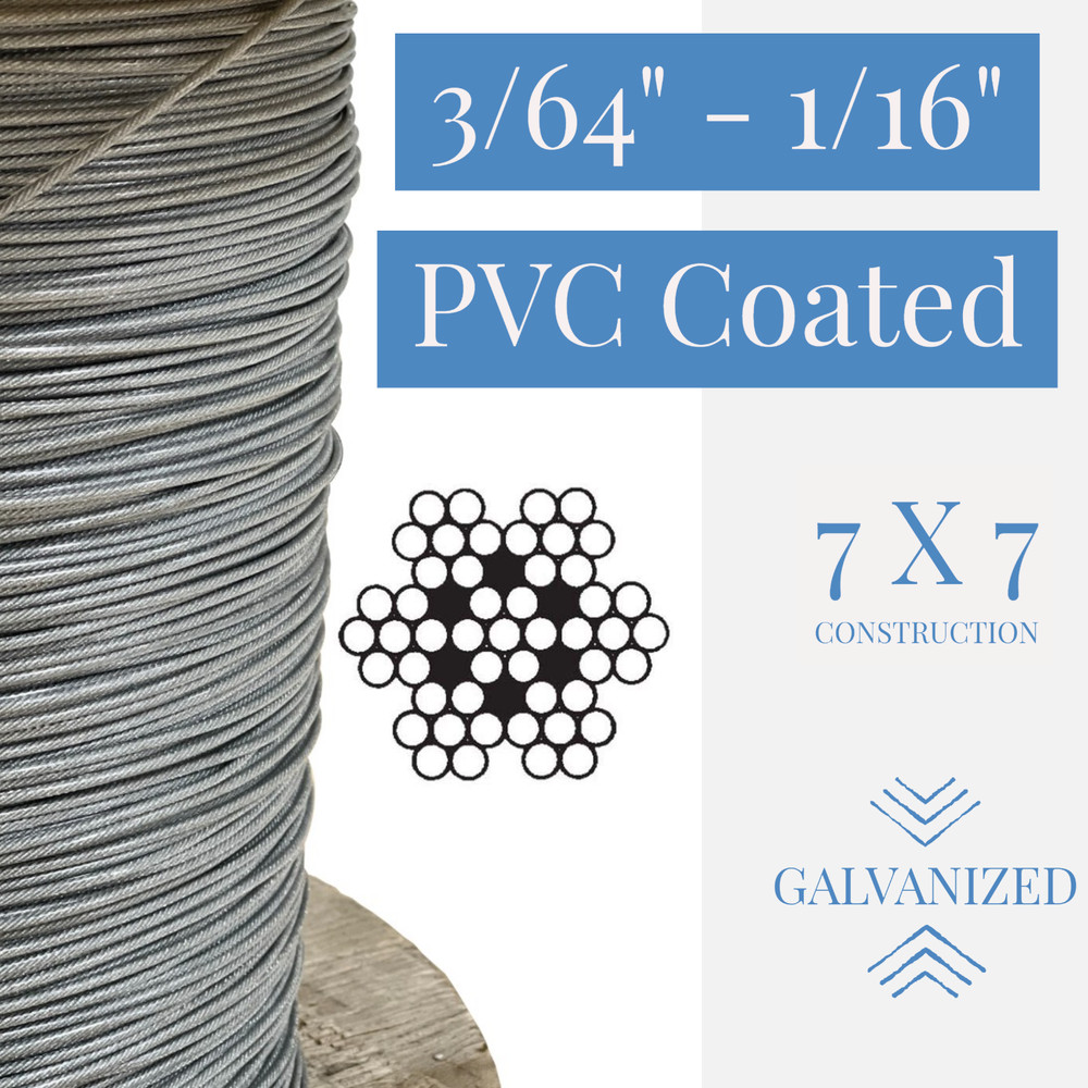 3/64″ to 1/16″ PVC Coated Clear Color Galvanized Cable 7×7 Strand Aircraft Cable