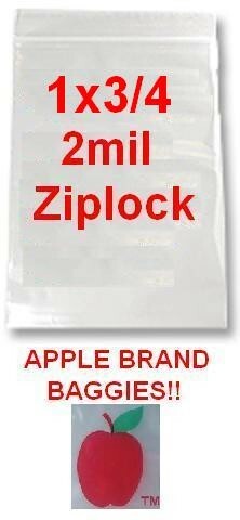 1000 APPLE BRAND 1034 1×3/4 2mil CLEAR ZIP LOCK BAGS 1,000 baggies 1″x3/4″ 0.75