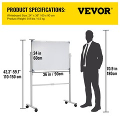 VEVOR Mobile Dry Erase Board Magnetic Whiteboard w/ Stand 36″ x 24″ Double Sided