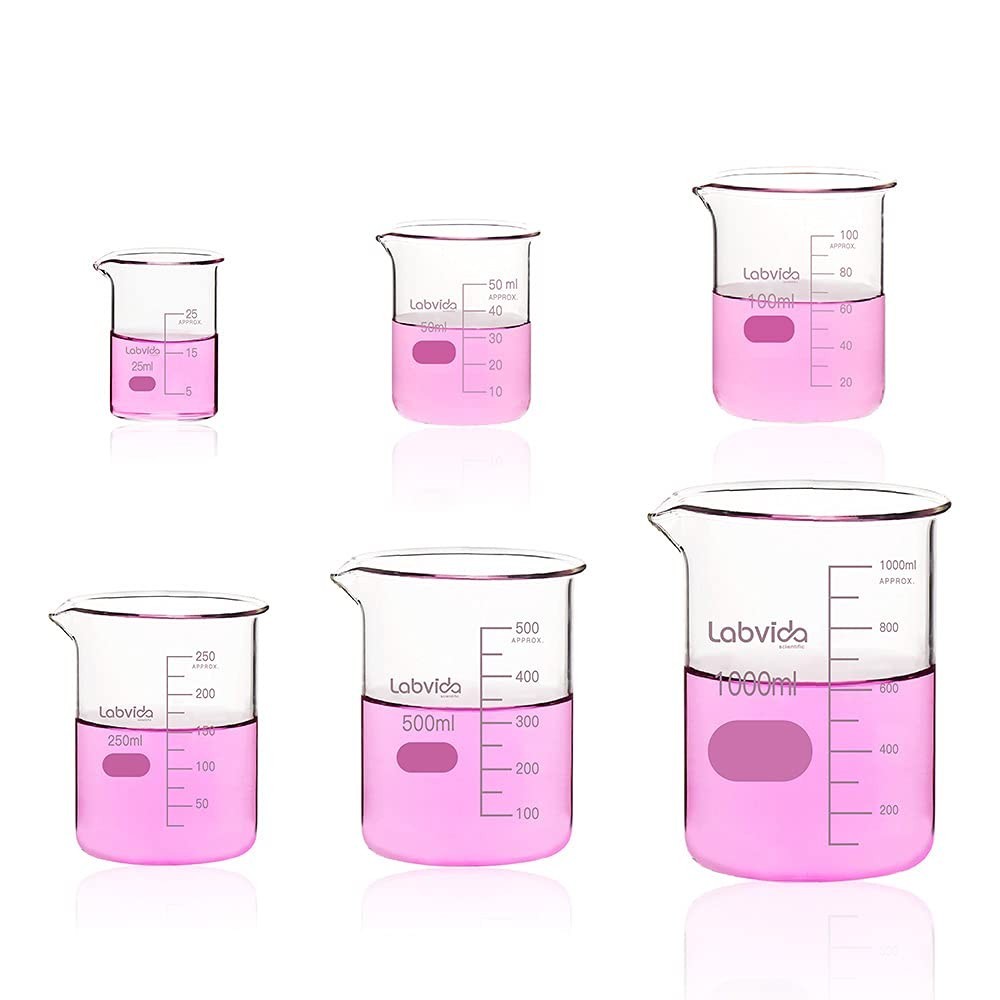 Upgrated 6 Size Low Form Glass Beaker Set 25ml 50ml 100ml 250ml 500ml 1000ml 3.3