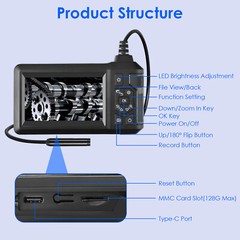 1080P HD Industrial Endoscope Camera with 8 LED Lights Waterproof Borescope