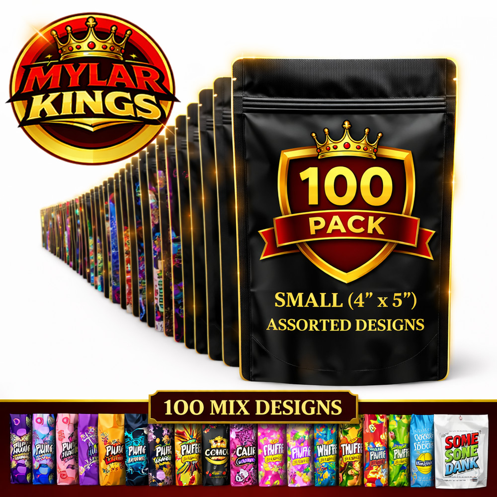100 Pack 3.5g Smell Proof Foil Mylar Bags 4” x 5” Mix Designs Zip Bags