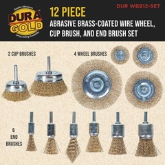 12-Piece Abrasive Brass-Coated Wire Wheel, Cup & End Brush Set, 1/4″ Drill Shank