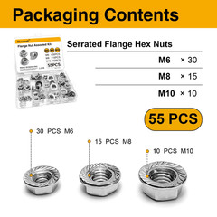 55Pcs Flange Nut Assortment Kit – Metric M6, M8, M10 Stainless Hex Flange Nuts S