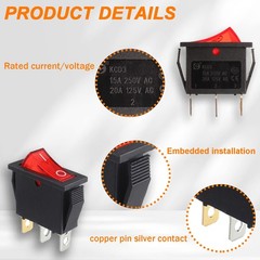 5Pcs Red Illuminated Rocker Switch ON Off SPST 3 Pin Position Boat Style: Red