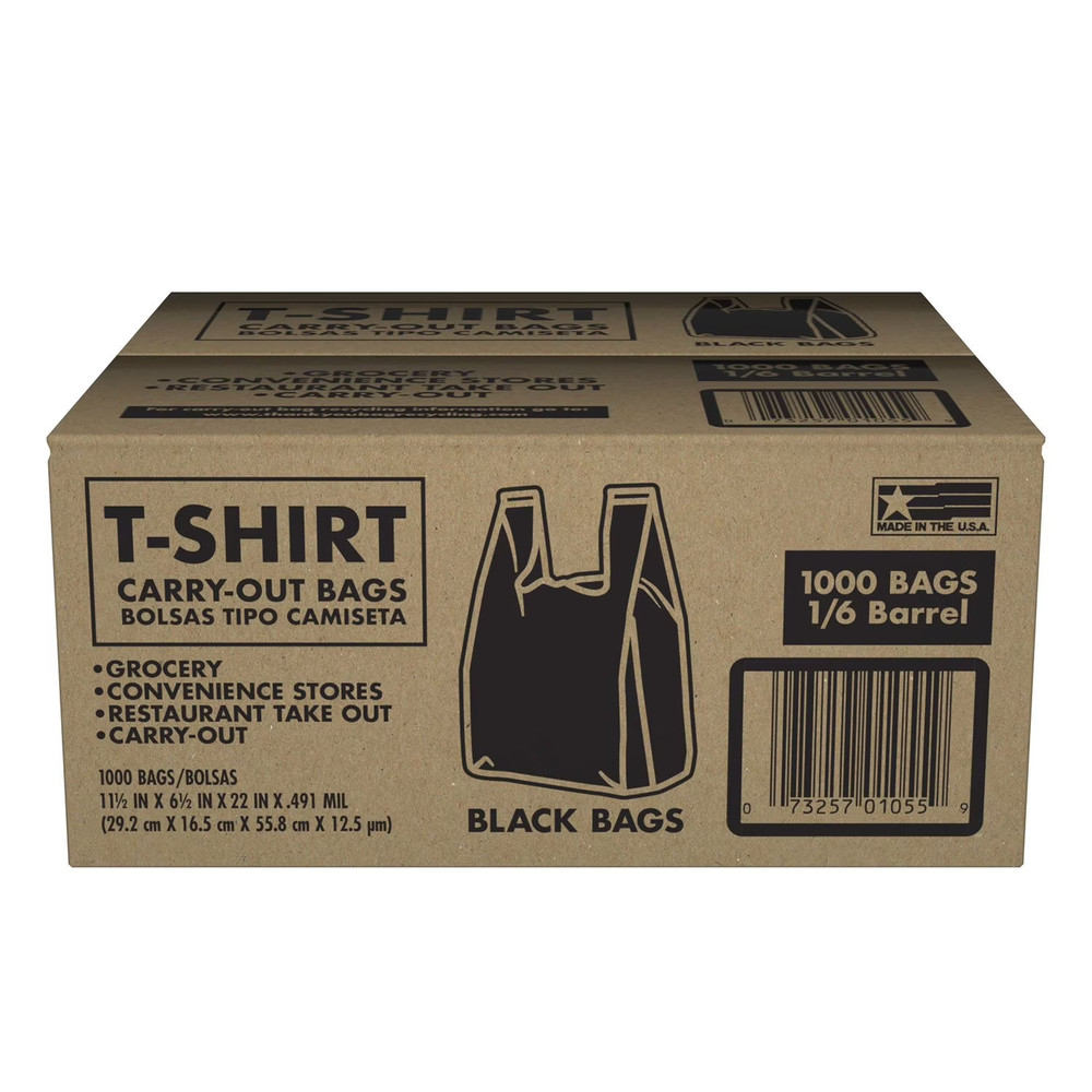 1000 Bags 1/6 Black (21 x 6.5 x 11.5) T-Shirt Plastic Grocery Shopping Bag NEW