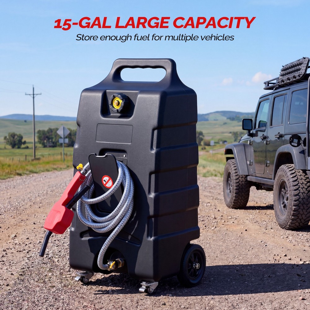 Portable Gas Can 15 Gallon Fuel Caddy Storage Tank with Transfer Nozzle Black