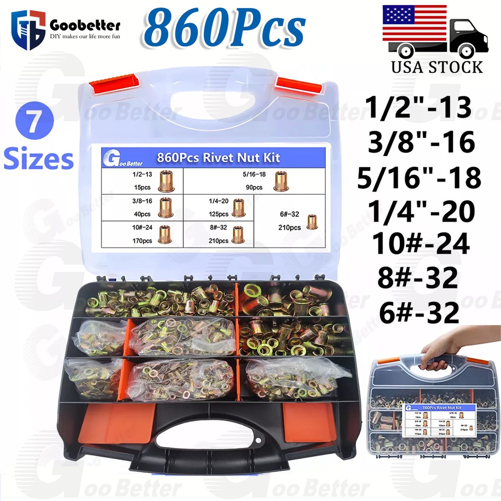 860Pcs Rivet Nut Kit UNC Rivnut Nutsert Assortment #6-32 #8-32 #10-24 1/4″ 5/16″