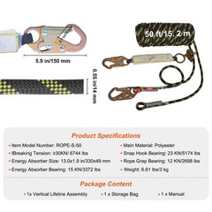 50ft Vertical Fall Lifeline Rope 0.55in ANSI Safety Rope Grab Shock Absorber Set