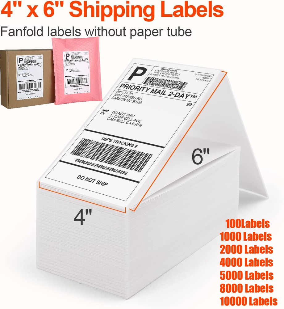 1000 labels 4×6 Fanfold Direct Thermal Shipping Labels Perforated Zebra & Rollo