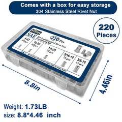 SAE Rivet Nut Assortment Kit220 Pcs,#832#1024 1/4″20 5/16″18 3/8″16 304 Stain…