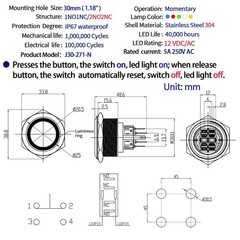30mm Push Button Switch Big Head Waterproof IP67 12V LED Angel White
